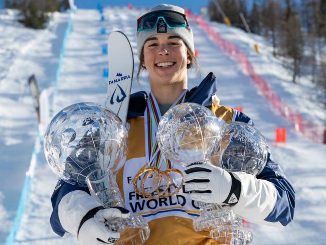 Australian moguls skier Jakara Anthony with her haul after a record-breaking World Cup campaign in 2023-24. Picture: OWIA, Chris Hocking