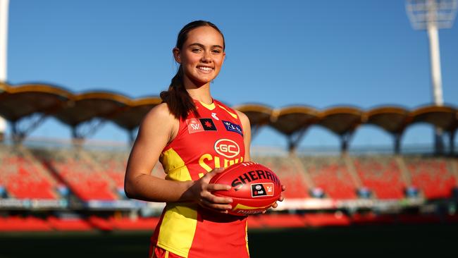 Jasmyn Smith of the Gold Coast Suns AFLW poses at Metricon Stadium on August 24, 2022 in Gold Coast, Australia. (Photo by Chris Hyde/Getty Images)