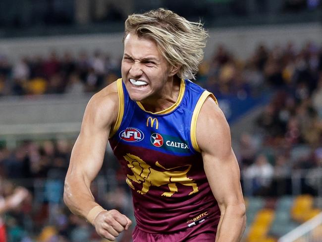 Kai Lohmann celebrates a goal. Picture: Russell Freeman/AFL Photos via Getty Images