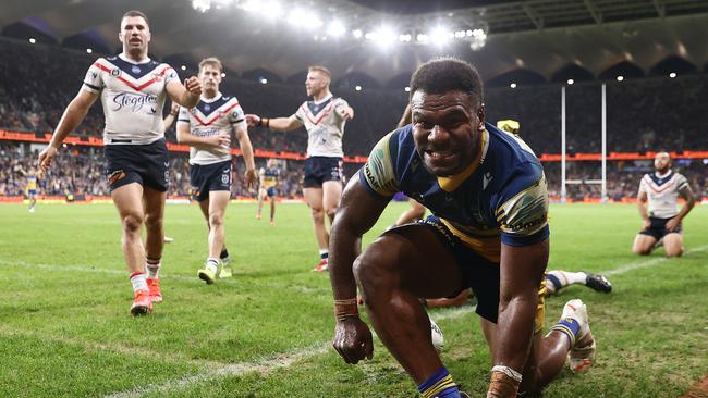 Maika Sivo of the Eels scores a try, which was then disallowed by the video referee during the round nine NRL match between the Parramatta Eels and the Sydney Roosters at Bankwest Stadium on May 07, 2021, in Sydney, Australia. Picture: Cameron Spencer/Getty Images