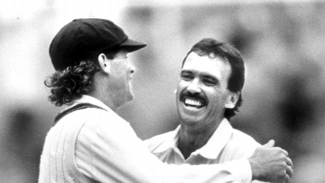 Trevor Hohns is congratulated by the late Dean Jones hug after he caught Viv Richards during fourth test, Australia v West Indies at Sydney Cricket Ground. Pic Stuart Ramson 29/01/89 Cricket