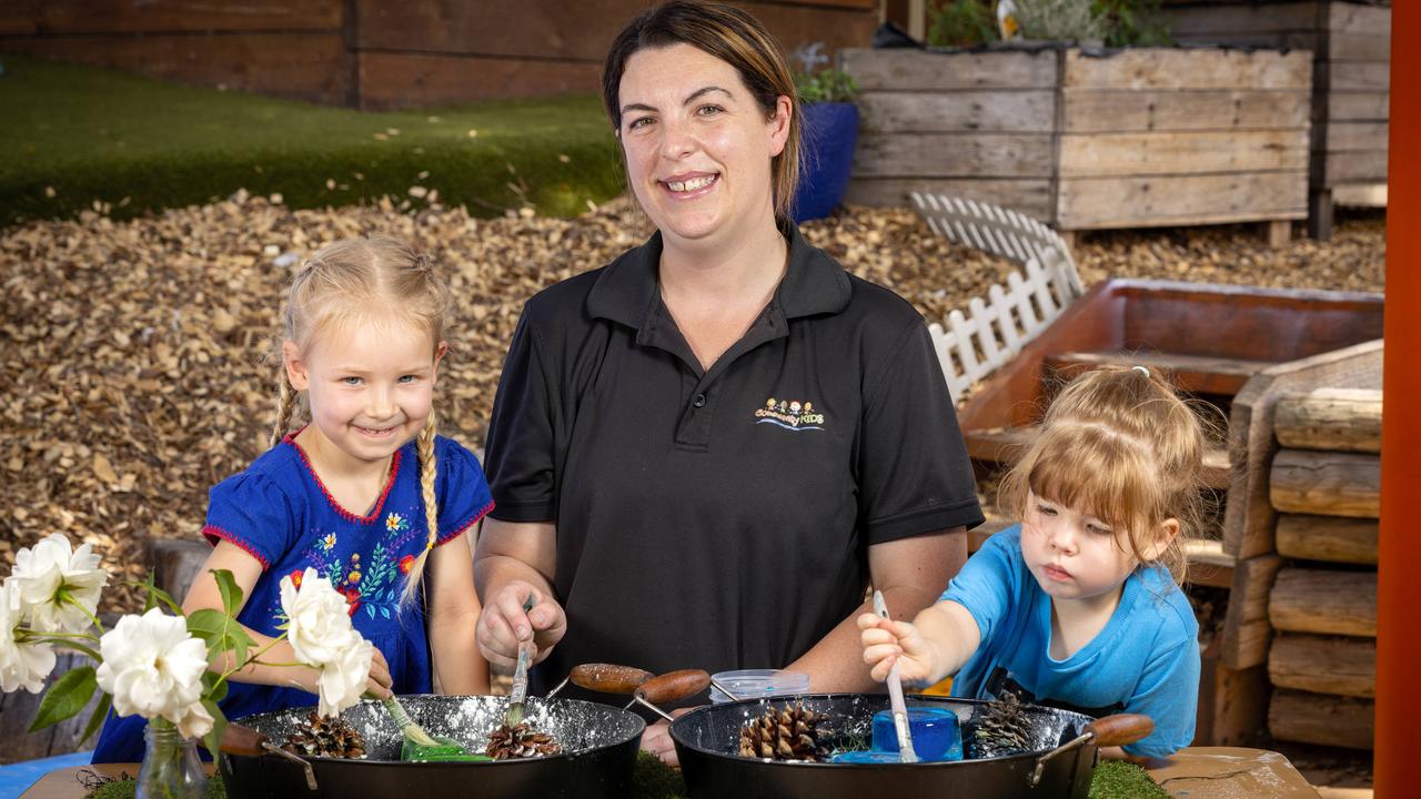 Rated highest in the state: Community Kids McLaren Vale Early Education Centre children Navy, 4, and Lacey, 3, with Educational Leader Ashlie Bayo. Picture: Emma Brasier