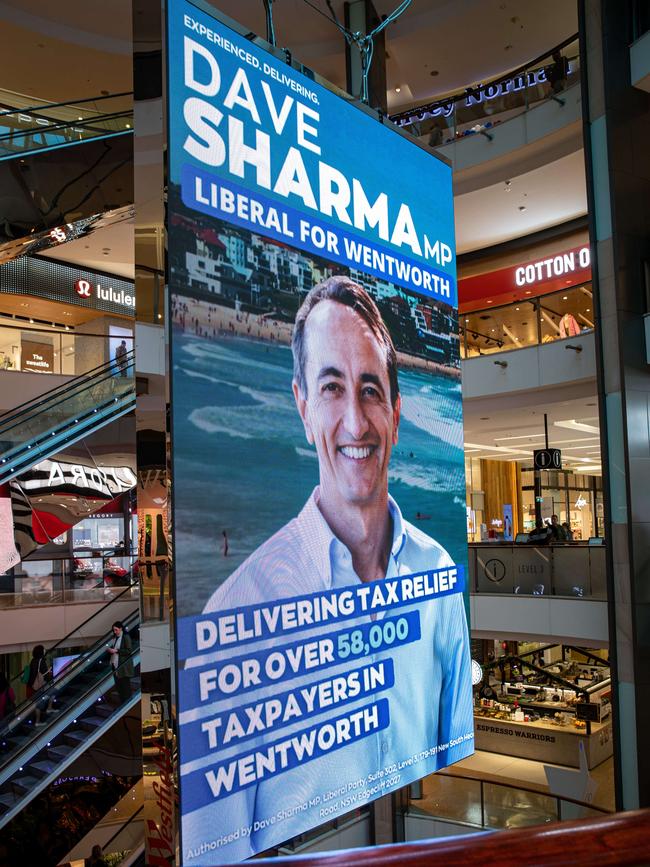 Part of Liberal MP Dave Sharma’s ad blitz in Westfield Bondi Junction. Picture: NCA NewsWire / Christian Gilles