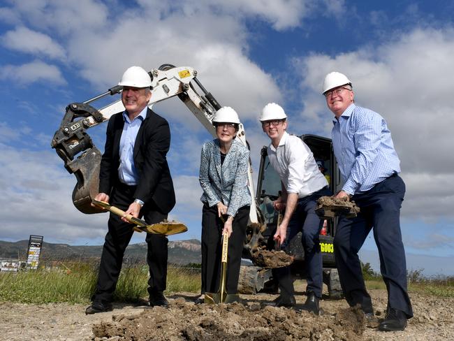AEIOU Foundation chief executive Alan Smith, foundation chair Susan Rix, Assistant Treasurer Stephen Jones and Mundingburra MP Les Walker at the sod turning. Picture: Evan Morgan