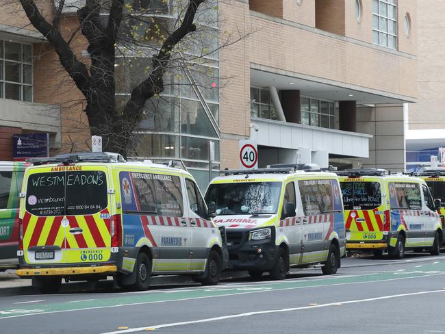 Ambulances ramped out the front of The Royal Melbourne Hospital. Picture: David Crosling