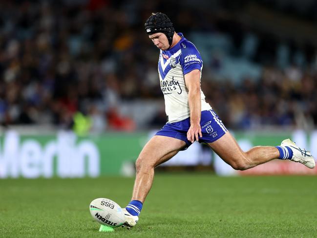 SYDNEY, AUSTRALIA - JUNE 13: Matt Burton of the Bulldogs kicks a conversion during the round 14 NRL match between the Canterbury Bulldogs and the Parramatta Eels at Accor Stadium, on June 13, 2022, in Sydney, Australia. (Photo by Matt King/Getty Images)