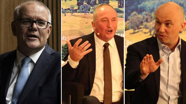 Former PM Scott Morrison, left, and his stance on nuclear were raised by Barnaby Joyce, centre, as he went head-to-head with Matt Kean, right, in a fiery debate at The Daily Telegraph Bush Summit. Pictures: News Corp