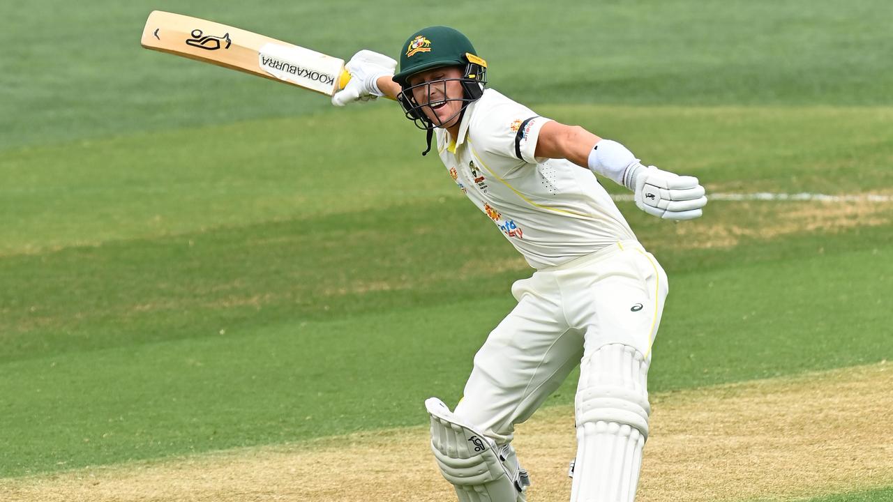 Marnus Labuschagne celebrates his century on day two of the Adelaide Test. Picture: Getty Images