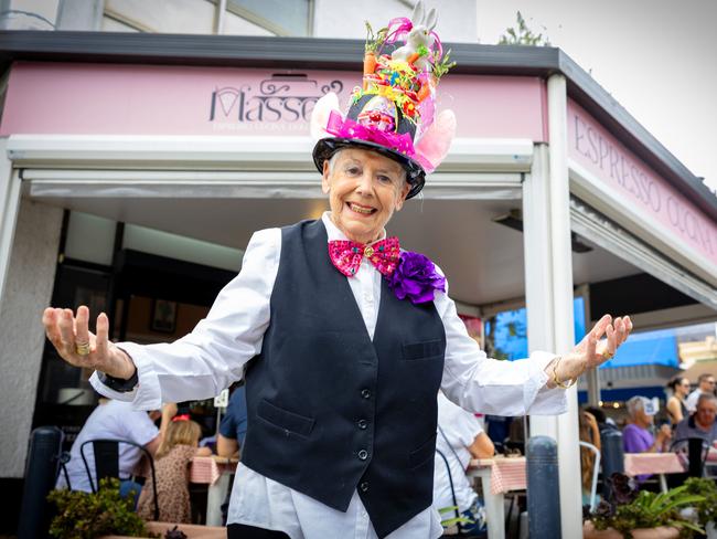 ADELAIDE, SOUTH AUSTRALIA - Advertiser Photos April 19, 2025 - Heaps Good feature: Caryl Coleman, 87, dressed up in her easter outfit outside of MasseyÃs Cafe, Glenelg. Picture: Emma Brasier