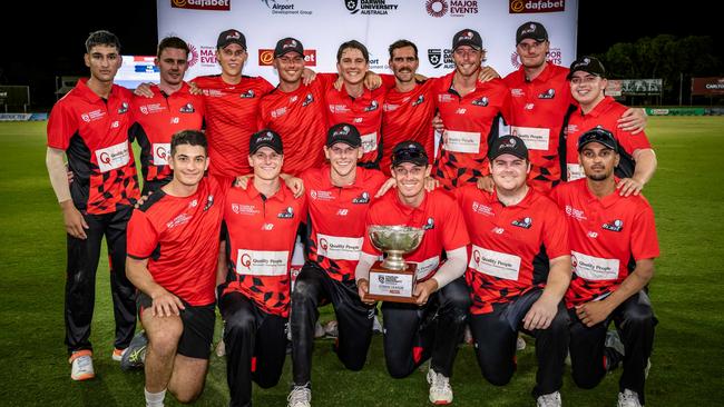 Desert Blaze celebrate winning the 2023 edition of the Top End Strike League. Picture: NT Cricket