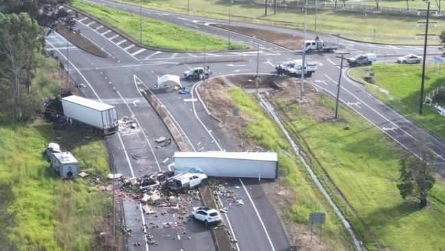 An aerial view of the site of the triple fatal on the Bruce Highway at Maryborough.