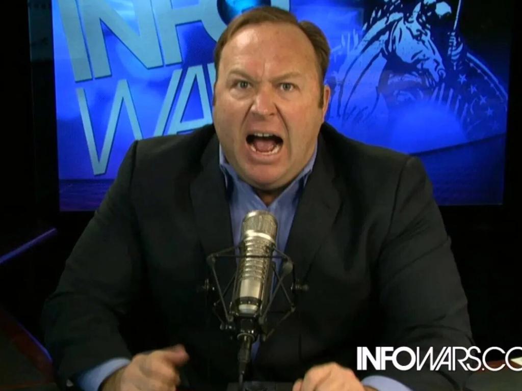 Alex Jones infamously claimed that the Sandy Hook elementary school shooting in 2012 was a hoax, insisting the children who died were actors. Picture: InfoWars
