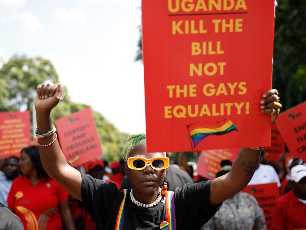Ugandan queer activist Papa De raises a fist outside the Uganda High Commission during a picket against the country’s anti-homosexuality bill in Pretoria on April 4, 2023. Picture: Phill Magakoe / AFP