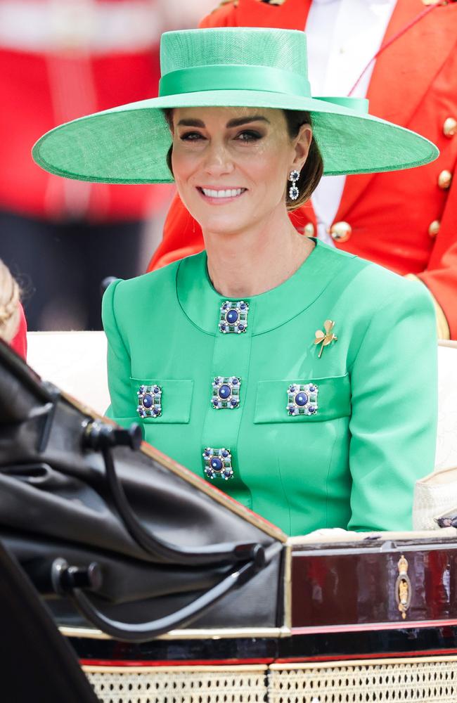 Catherine, Princess of Wales wears green and a gold Cartier shamrock brooch in honour of her role as Colonel of the Irish Guards. Picture: Chris Jackson/Getty Images