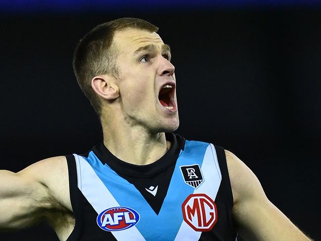 MELBOURNE, AUSTRALIA - AUGUST 20: Robbie Gray of the Power celebrates kicking a goal during the round 23 AFL match between Western Bulldogs and Port Adelaide Power at Marvel Stadium on August 20, 2021 in Melbourne, Australia. (Photo by Quinn Rooney/Getty Images)