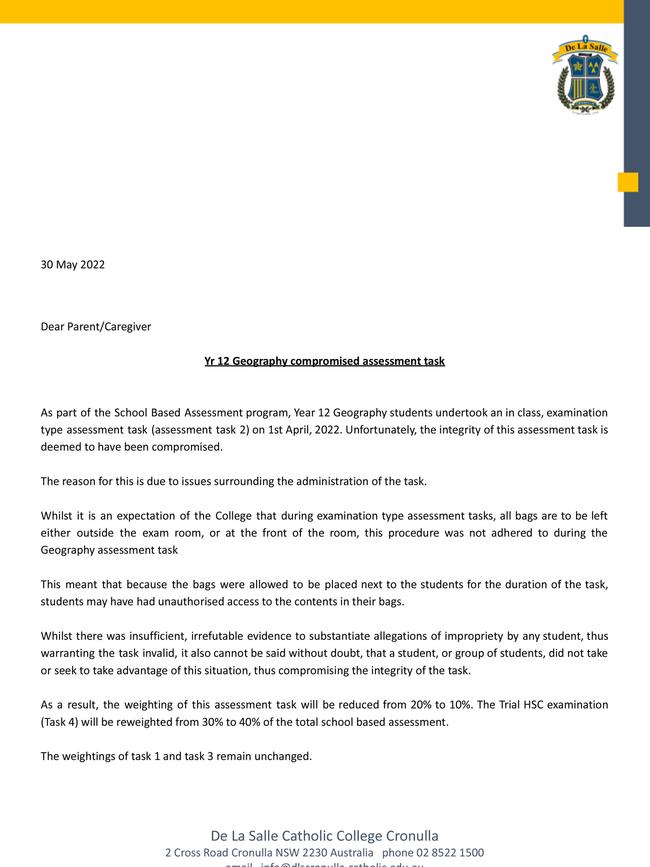 A letter from the school to parent of students at De La Salle College in Cronulla.