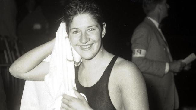 Dawn Fraser after a heat win of the 100m freestyle. 1956 Olympic Games. Melbourne Olympics. Melbourne Olympic Games.