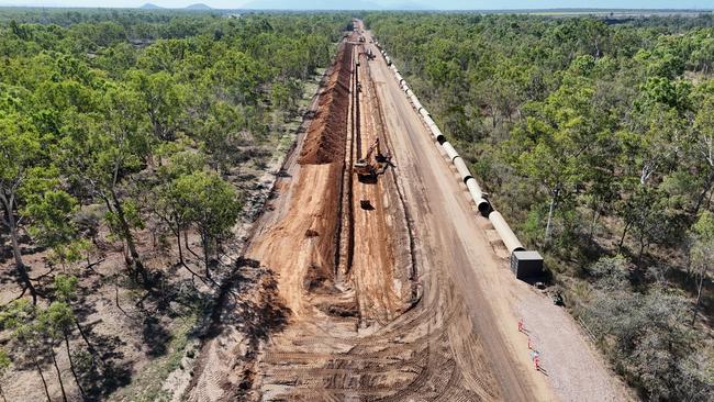 Glass reinforced polymer pipes being laid south of Townsville for stage two of the Haughton Pipeline. Picture: Supplied.