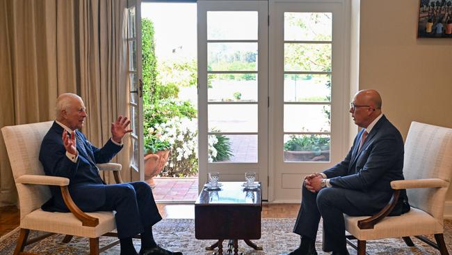 King Charles III meets with Australia’s Opposition Leader Peter Dutton (R) at Australia’s Government House on October 21, 2024, in Canberra, Australia. Picture: Saeed KHAN - Pool/Getty Images