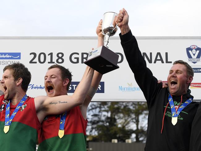 Paddy Swayn celebrates last year’s grand final win. Picture: Andy Brownbill)