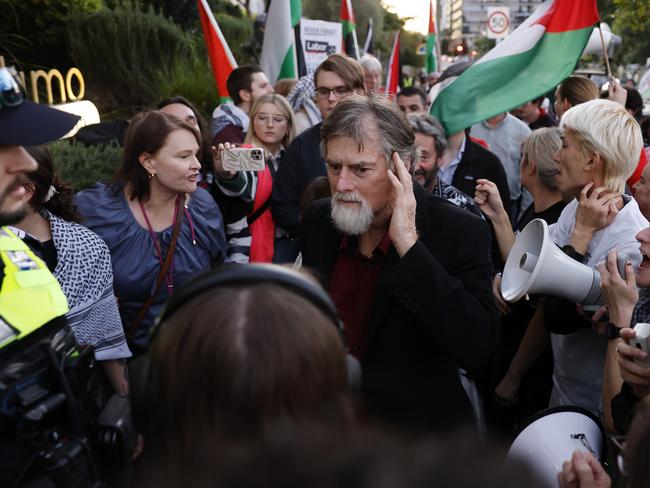 Pro Palestine protesters outside The Greek Club where Prime Minister Anthony Albanese was attending a Labor Party fundraising dinner. Picture: Josh Woning