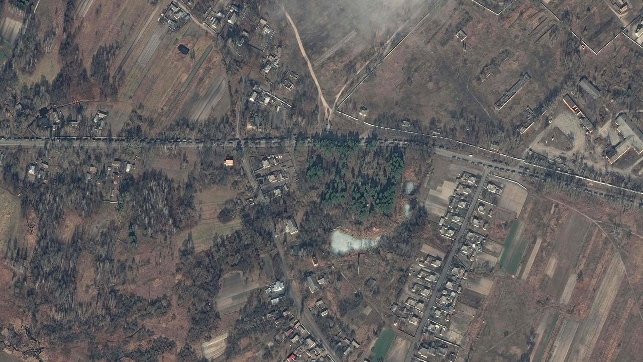 Taken on February 27, 2022, the photo shows a column of Russian military vehicles as they move towards Kyiv. Picture: Maxar Technologies/AFP