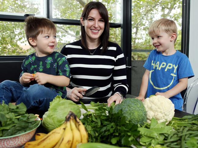 Renata Brak with her sons Leo, 4, Nicholas, 2 with healthy foods they eat all the time. Picture: Tim Hunter.