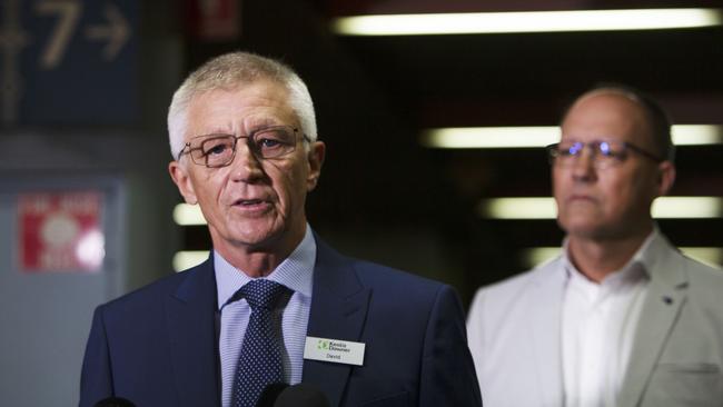 Keolis Downer chief executive officer David Franks and Transport Minister Corey Wingard at Adelaide Railway Station on Sunday morning. Picture: Emma Brasier