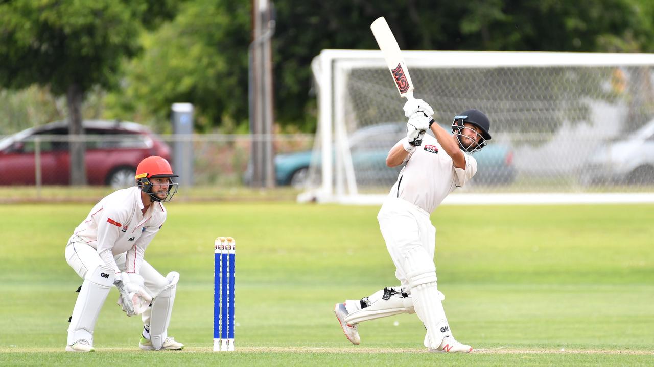 Grade Cricket match between Adelaide University and Southern Districts photographed at University Oval, Adelaide on Saturday the 24th of November 2018. Adelaide University - batting - Jake WeatheraldWicket Keeper - Southern - Joshua Barrett(AAP/ Keryn Stevens)