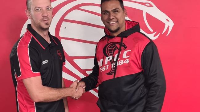 Merinda Park captain-coach Mathew Campbell (left) with recruit Bevin Corneille. Picture: Facebook