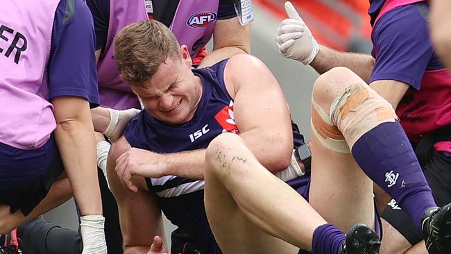 Darcy was left dazed and confused by the Long hit. Picture: Michael Klein