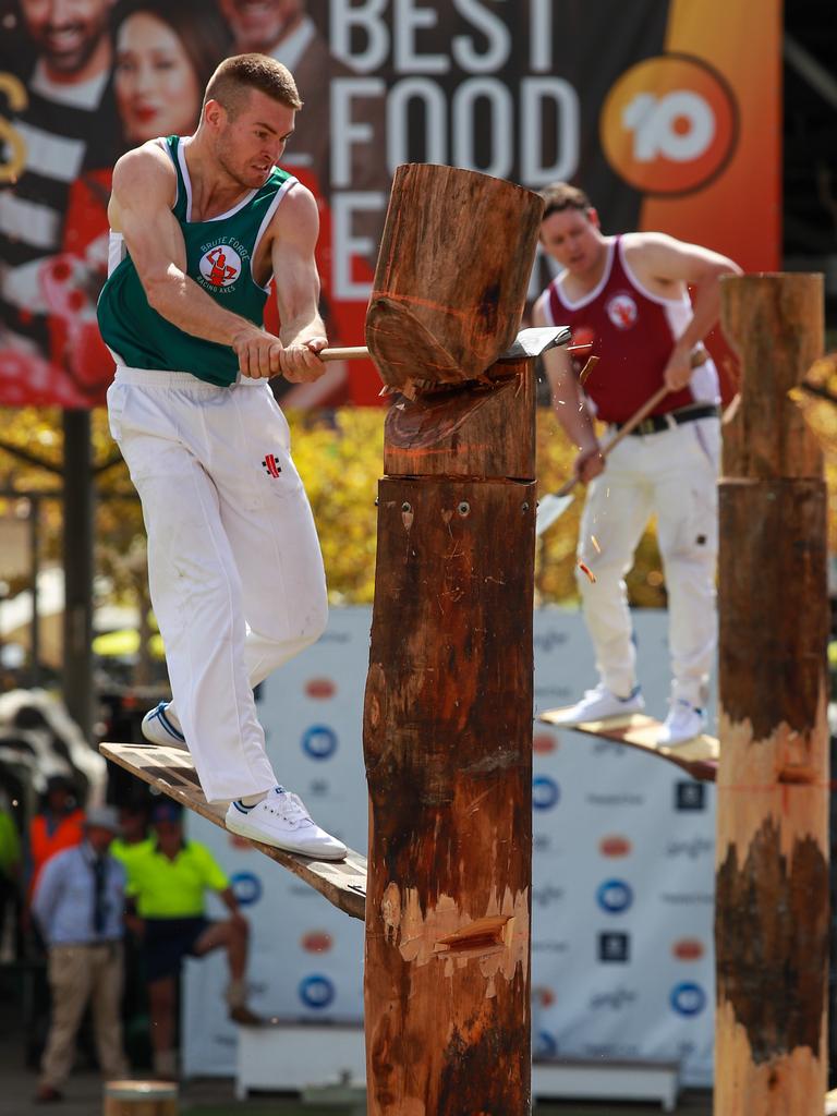 Daniel Gurr, 23, wins his heat at the Woodchop Stadium, at The Royal Easter Show, today. Picture:Justin Lloyd