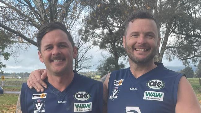 Ben Duffield (left) collapsed after Greta's reserves semi-final on Sunday. He was playing alongside his brother Sam.