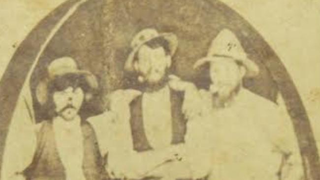 A rare photo of Ned Kelly, centre, with his brother Dan Kelly left and gang member Steve Hart on the right.
