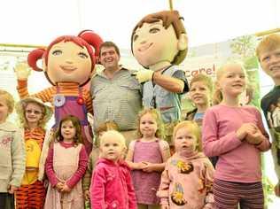 Ambassadors of Clarence Valley Council’s new waste management scheme, Dirtgirl and Scrapboy, at launch at Yamba Markets pictured with Mayor Richie Williamson. The new service begins on July 30. More information can be found on the council’s website. . Picture: Debrah Novak