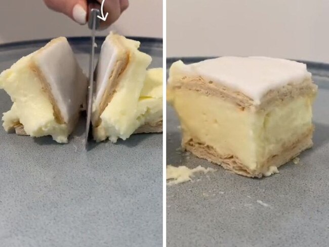 Best way to cut vanilla slice revealed. Picture: TikTok