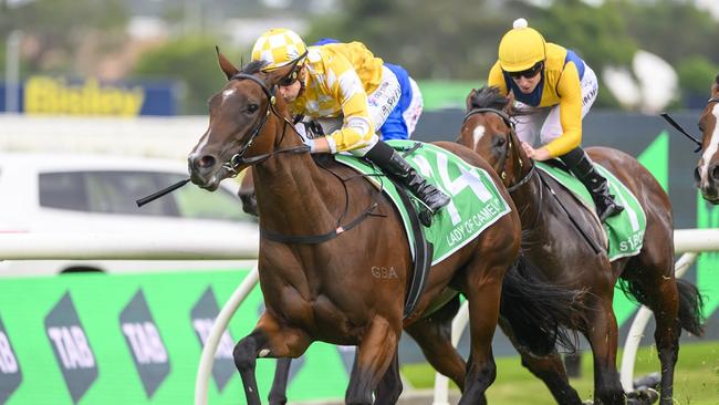 Golden Slipper winners Lady Of Camelot and jockey Blake Shinn reunite in the Magic Millions Sunlight at the Gold Coast. Picture: Bradley Photos