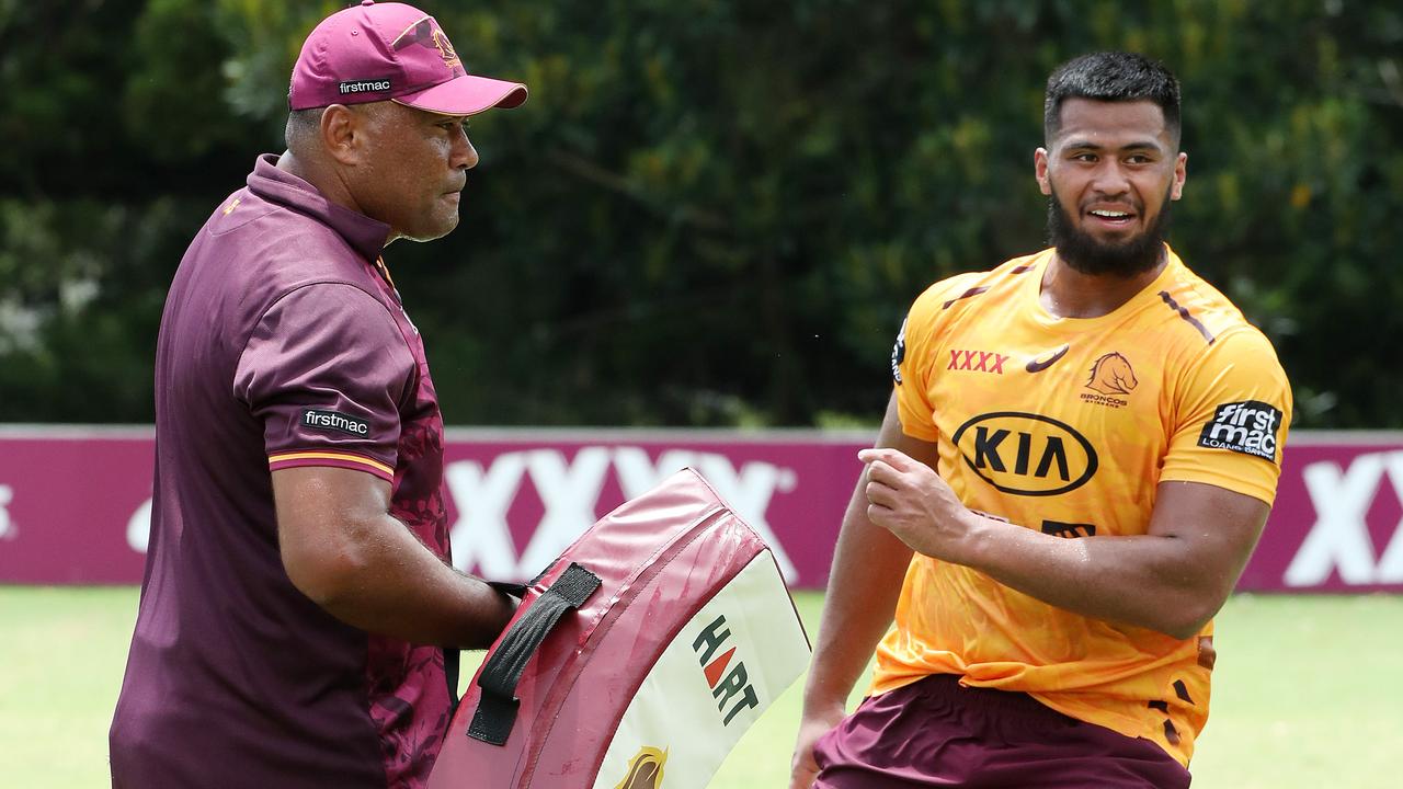 Petero Civoniceva and Payne Haas during Broncos training on Monday morning. Photo: Liam Kidston.