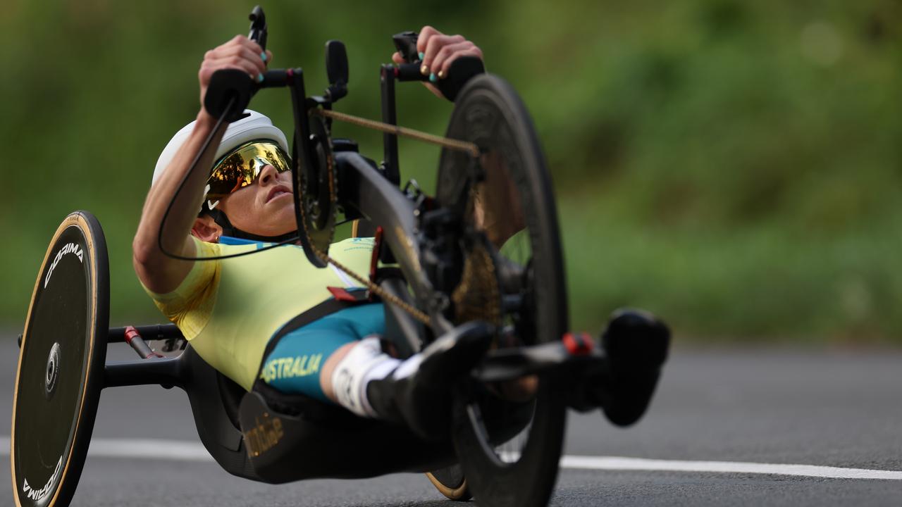 Lauren Parker competing at the para-cycling Road women's H1-3 individual time trial on day seven. Picture: Michael Steele/Getty Images