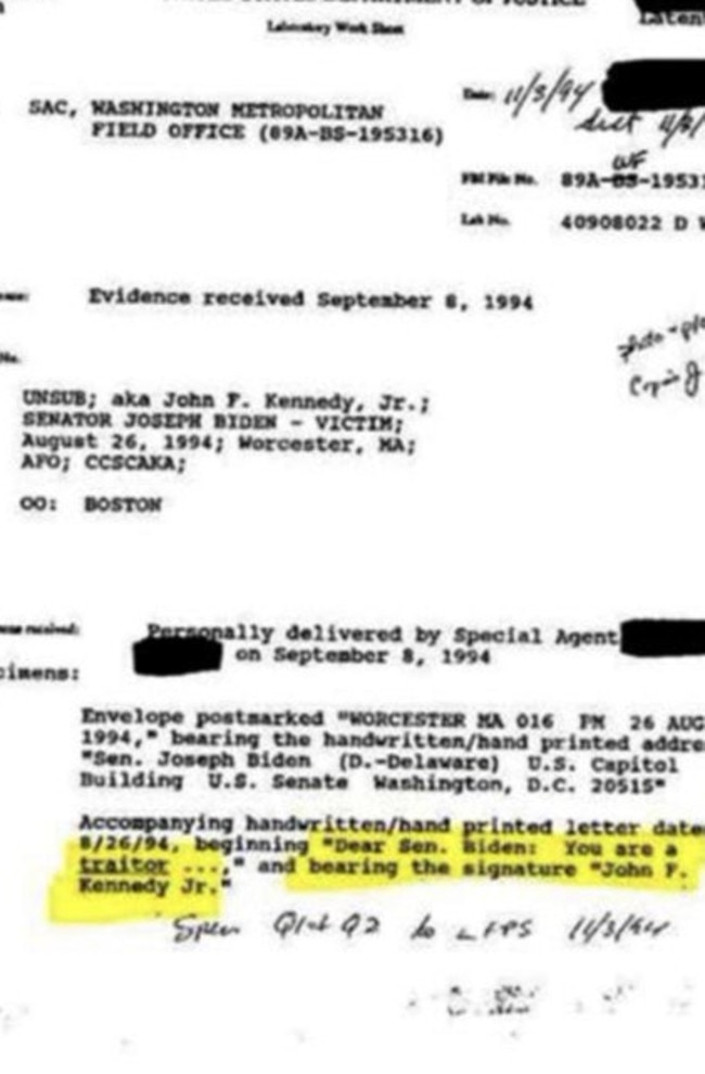 QAnon claim this is a genuine FBI document which shows JFK Jr resented Joe Biden and loves Donald Trump. Picture: Twitter.