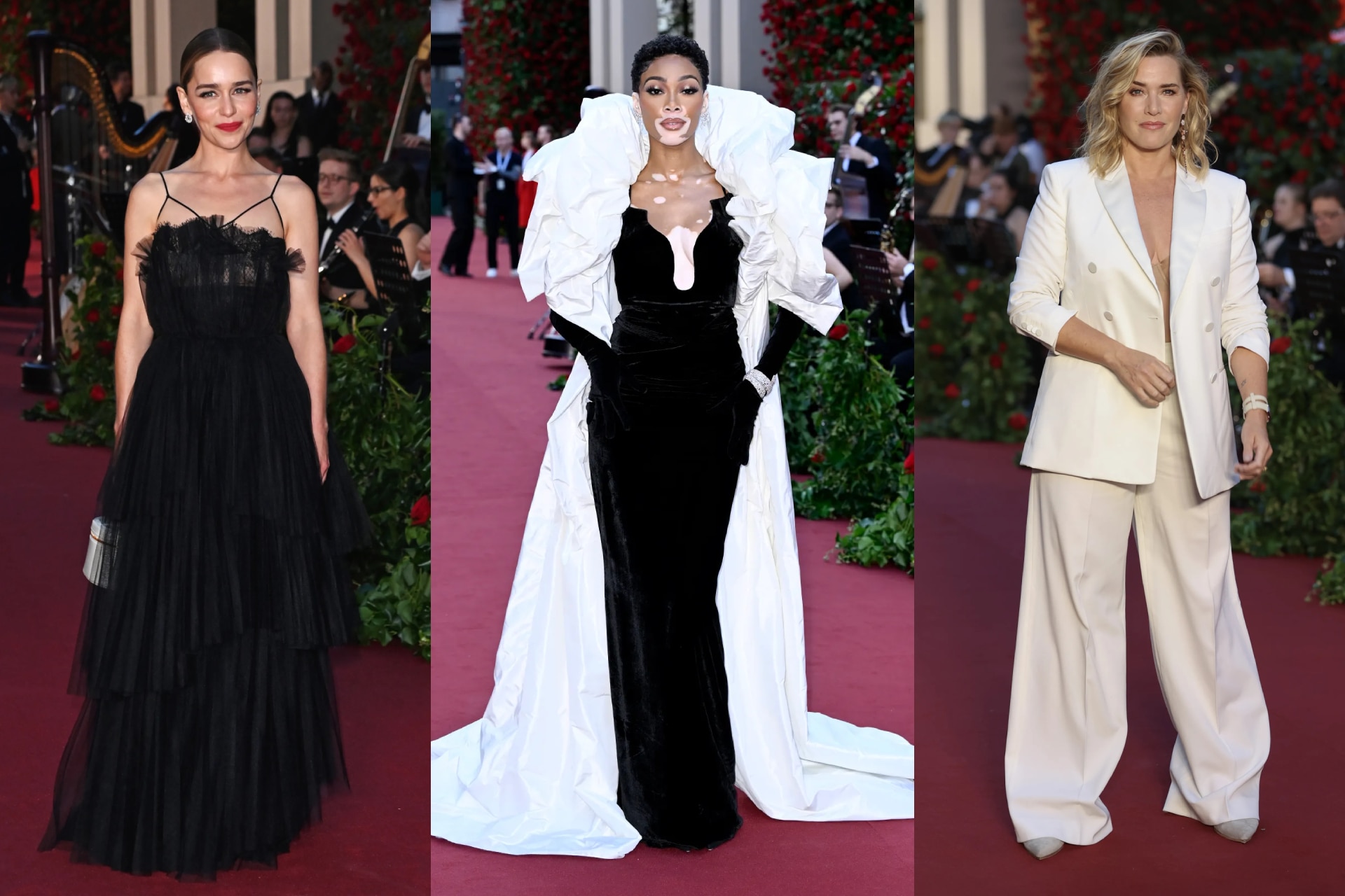 <p><i>Above (L-R): Emilia Clarke in Dior, Winnie Harlow in Zuhair Murad, Kate Winslet</i></p><h3><b>Monochrome magic</b></h3><p>As varied as the fashion was on the red carpet, black and white exerted a noticeable dominance over Drury Lane. Celebrities appeared in a bevy of LBDs, cream twinsets and two-tone gowns; take Emilia Clarke, for example, a vision in tiered Dior, or Kate Winslet, making the case for soft tailoring in an ivory suit. So too did Letitia Wright, Rita Ora and Maisie Williams sport black and white, wearing feathered Prada, strapless Ala&iuml;a and Wednesday Addams-esque Maison Margiela respectively.</p>