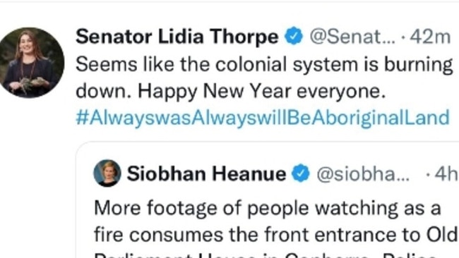 Lidia Thorpe’s tweet following a fire at Old Parliament House in 2021.