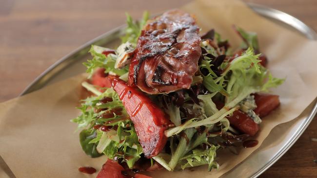 Proof BBQ &amp; Booze’s smoked watermelon and prosciutto salad with gorgonzola. Picture: Mark Cranitch