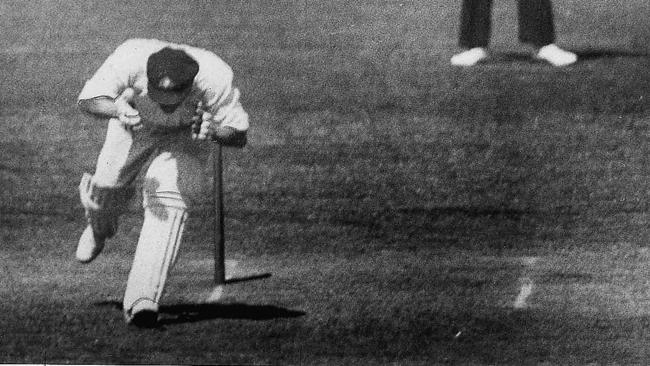 Bert Oldfield is struck in the head after a delivery from Harold Larwood during the third Test match of the Bodyline 1932/33 Test series at the Adelaide Oval.