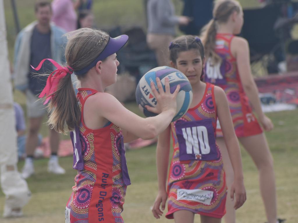On court at the Cap Coast Junior Netball Carnival at the Barmaryee Multi Sports Precinct, Yeppoon, on August 11, 2024. Photo: Pam McKay