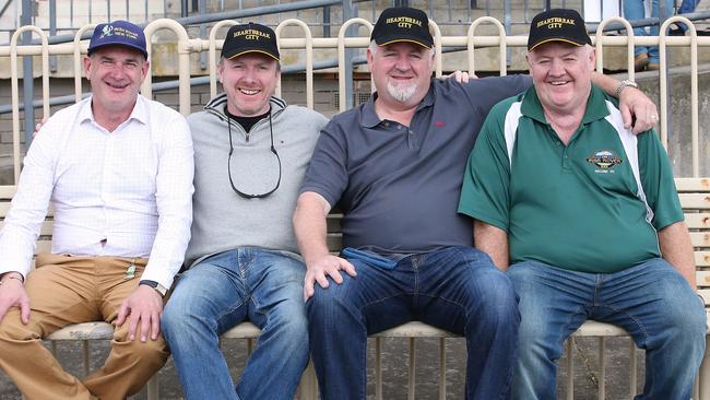 Heartbreak City’s trainer Tony Martin, left, and owners Donal Gavigan, Niall Reilly and Aidan Shiels have high hopes for their stayer on Tuesday. Picture: Wayne Ludbey