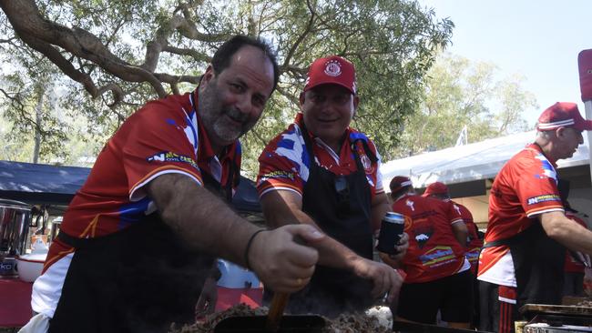 John Skoufezis and Charlie Vlamos prepping a big feed at Darwin's 2024 Greek GLENTI festival.