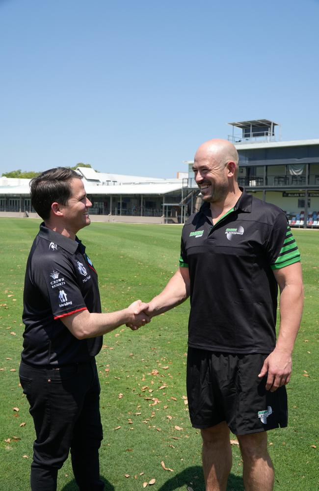 South Sydney Rabbitohs chief operations officer Brock Schaefer with Townsville Blackhawks coach Terry Campese. Picture: Nathan Ferguson / Townsville Blackhawks