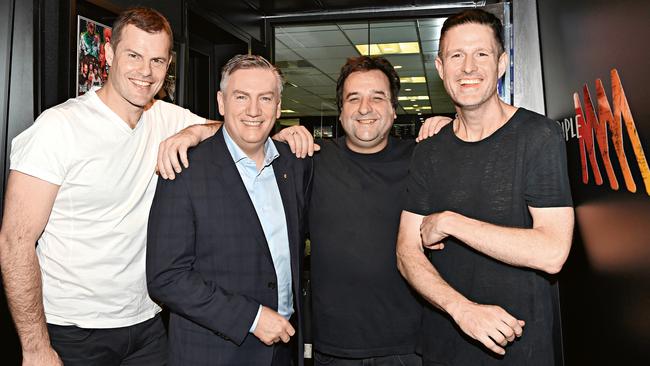 Eddie McGuire with Triple M Hot Breakfast co-hosts Luke Darcy and Wil Anderson and comedian Mick Molloy. 