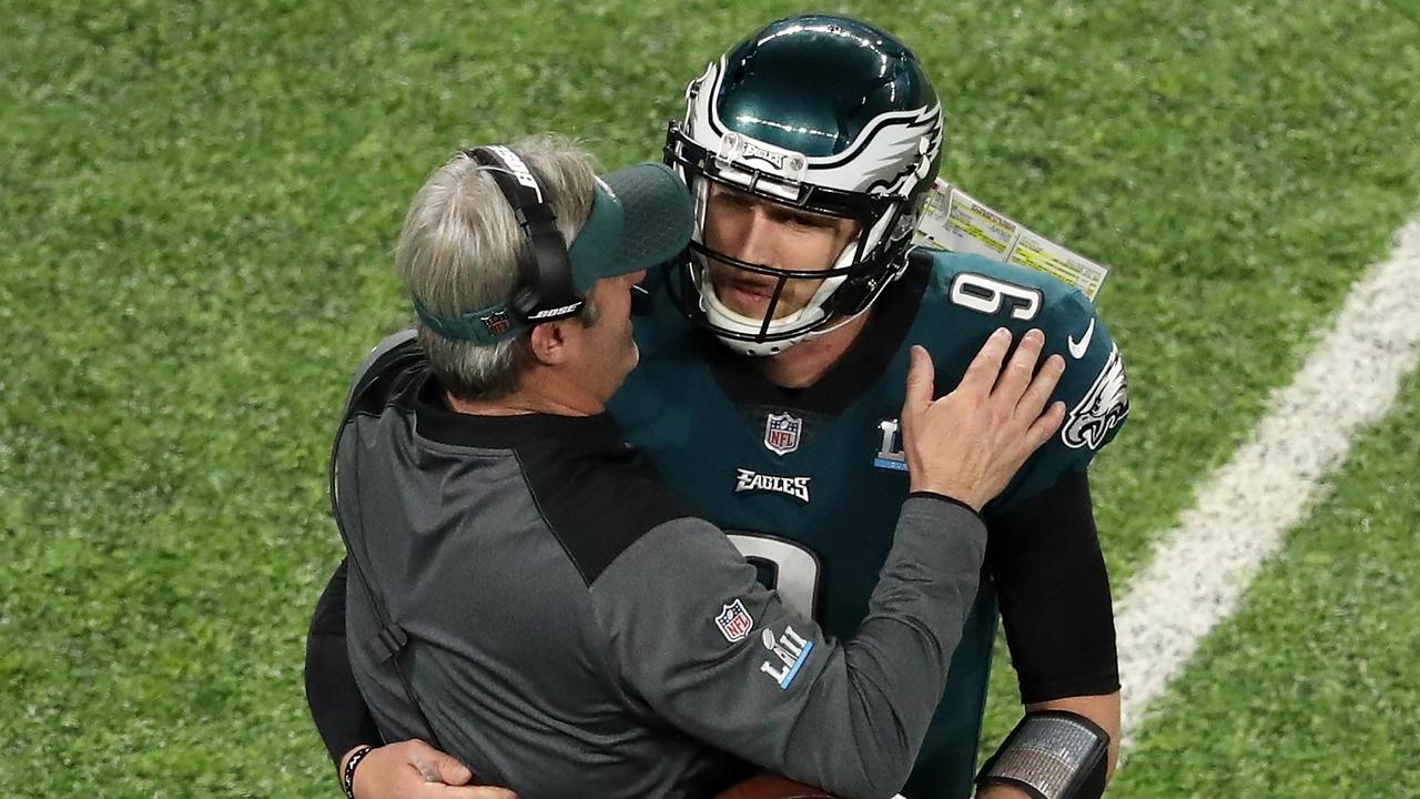 Doug Pederson and Nick Foles during the Eagles’ Super Bowl win in 2018. Photo: Christian Petersen/Getty Images/AFP